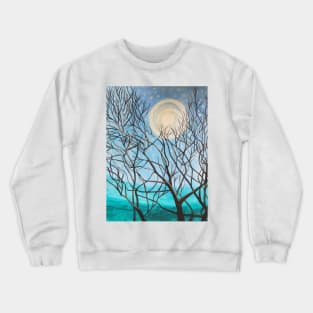 Winter moon landscape painting with trees Crewneck Sweatshirt